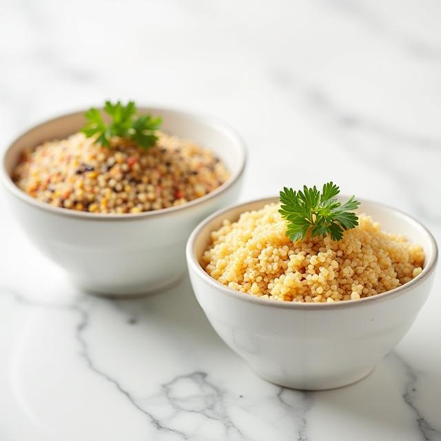 Display of raw and cooked quinoa in bowls with fresh herbs