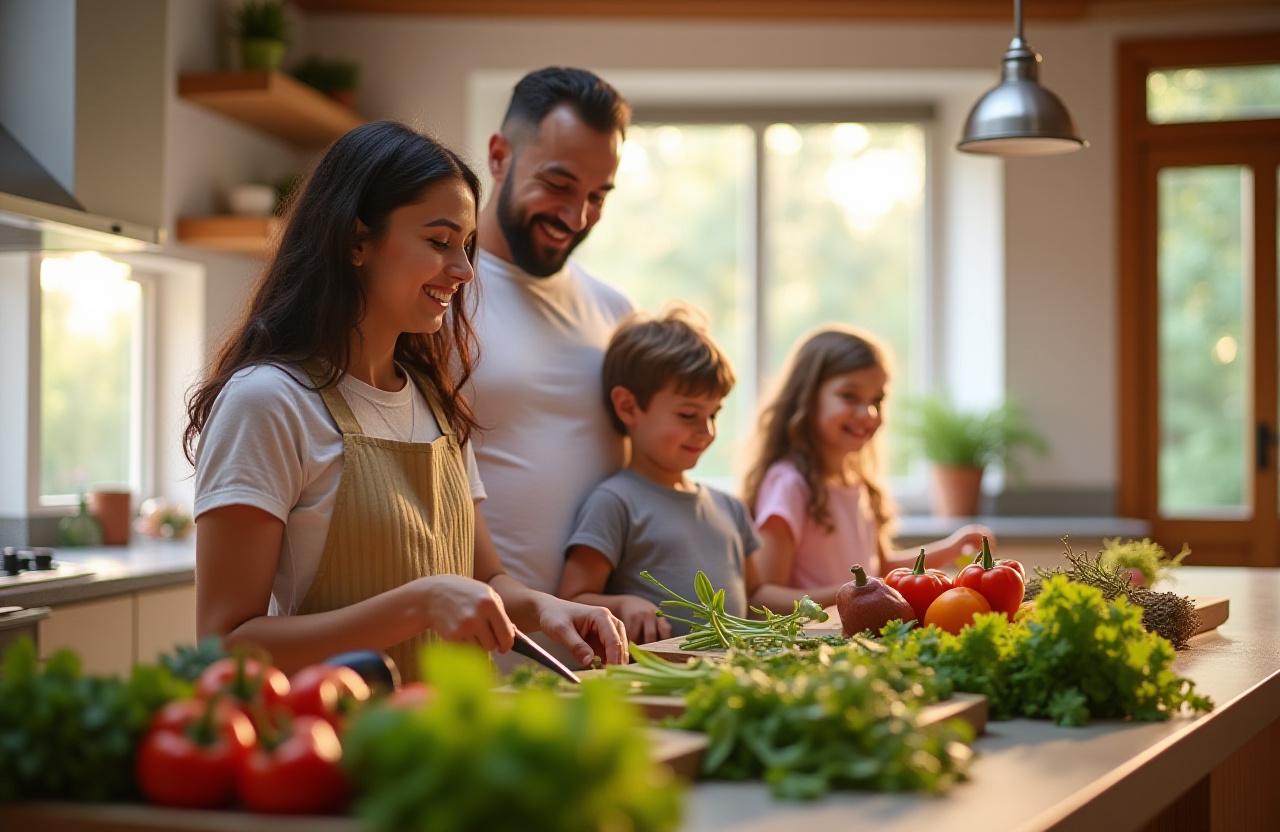 Happy family preparing a healthy meal together in a bright kitchen
