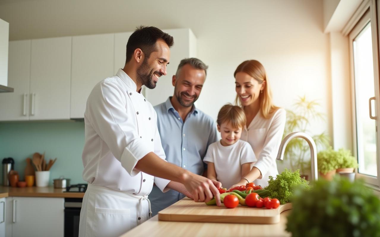 Chef teaching a family how to cook healthy meals