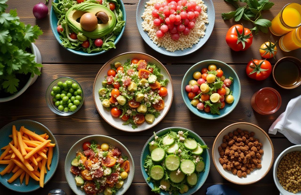 Variety of healthy family-friendly dishes on a colorful table